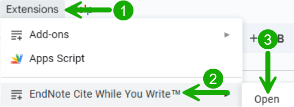 Opening the installed EndNote add-on in Google Docs
